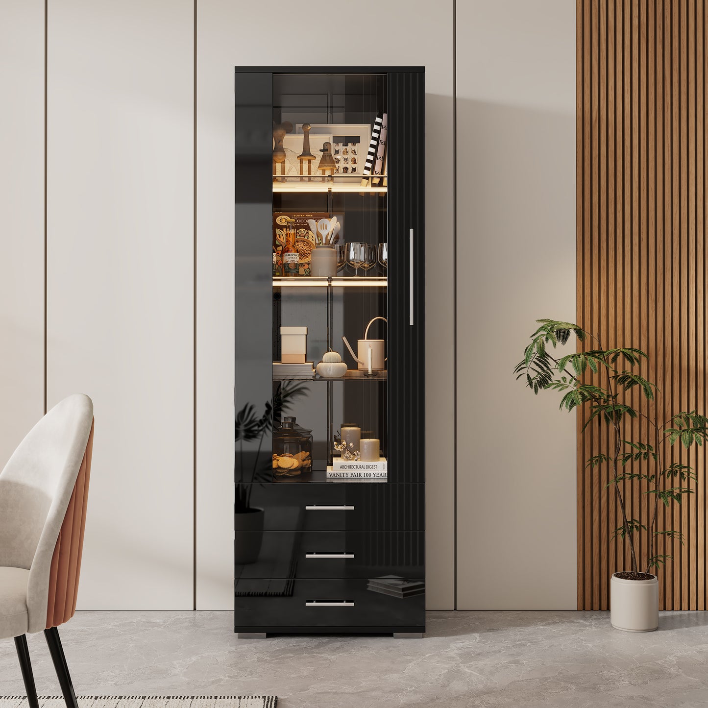 Black High Gloss Display Case, Display Cabinet Glass Display Case, Standing Display Case With LED Lighting, Vertical Display Case With 3 Drawers, 60x35x180cm