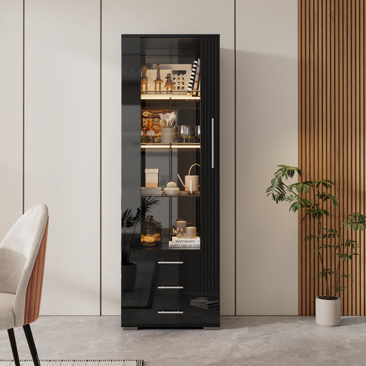 Black High Gloss Display Case, Display Cabinet Glass Display Case, Standing Display Case With LED Lighting, Vertical Display Case With 3 Drawers, 60x35x180cm