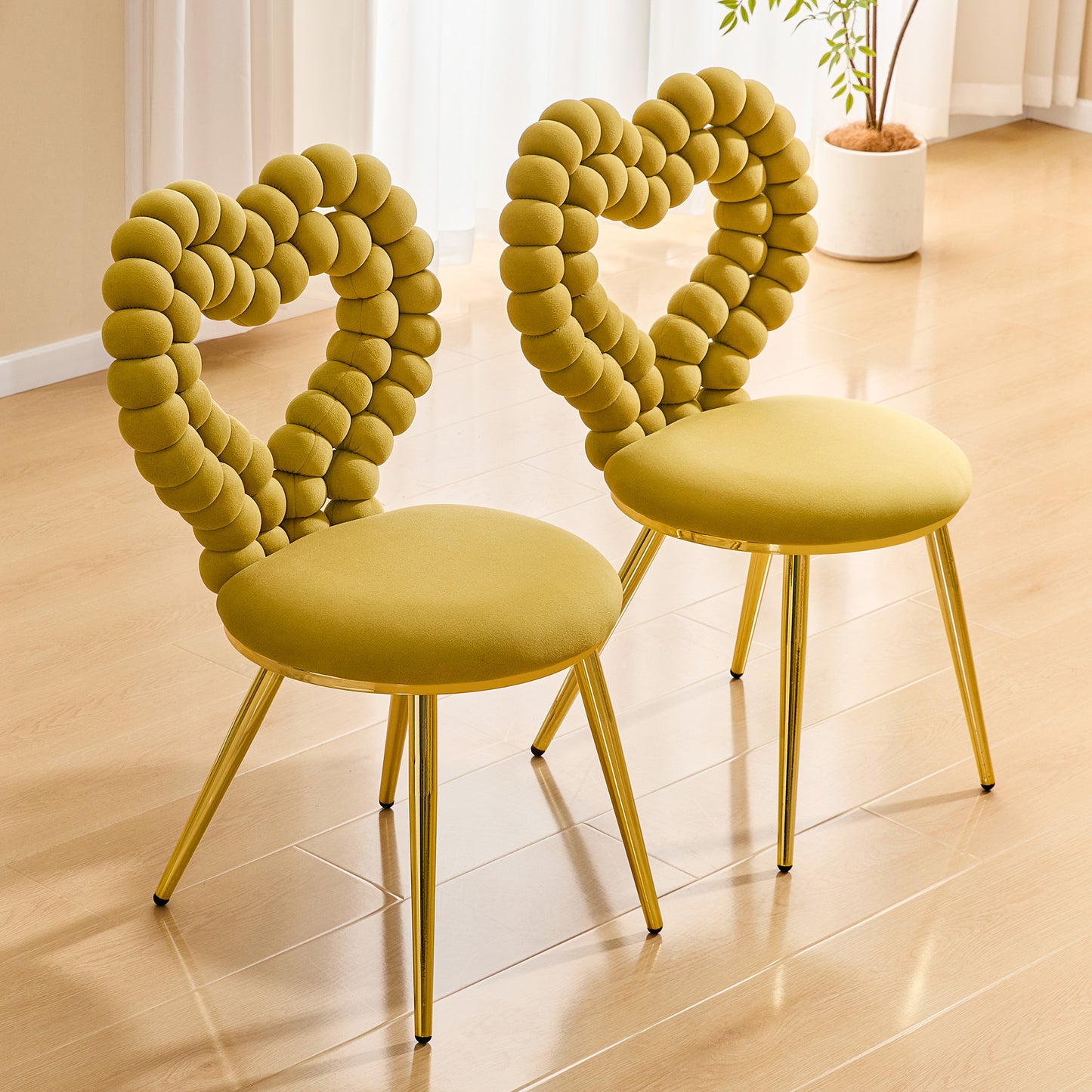 Set Of 2 Unique Heart Bubble Tufted Accent Chair,Yellow Plush Velvet Chair With Shiny Gold Metal Frame, Cute & Modern Seating For Home Decor