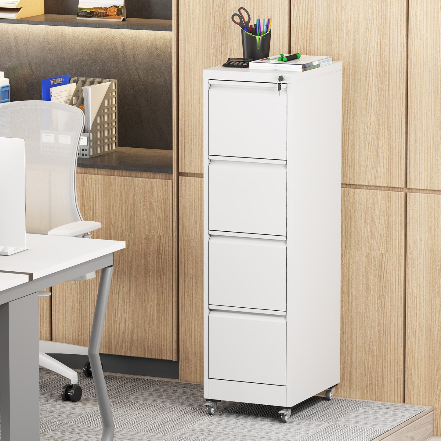 4 Drawer Metal Locking Vertical File Cabinet On Wheels -Heavy-Duty Lockable Cabinet For Home & Office, Black, 17.71 Dx15.16 Wx52.28 H,White