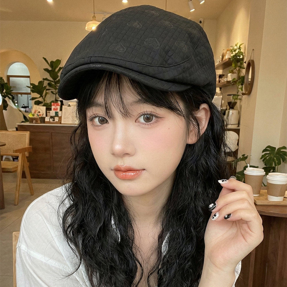 Women's Textured Grid Pattern Dotted Heart British Retro Style Short Brimmed Forward Hat Suitable For Outdoor Outings And Daily Commutes