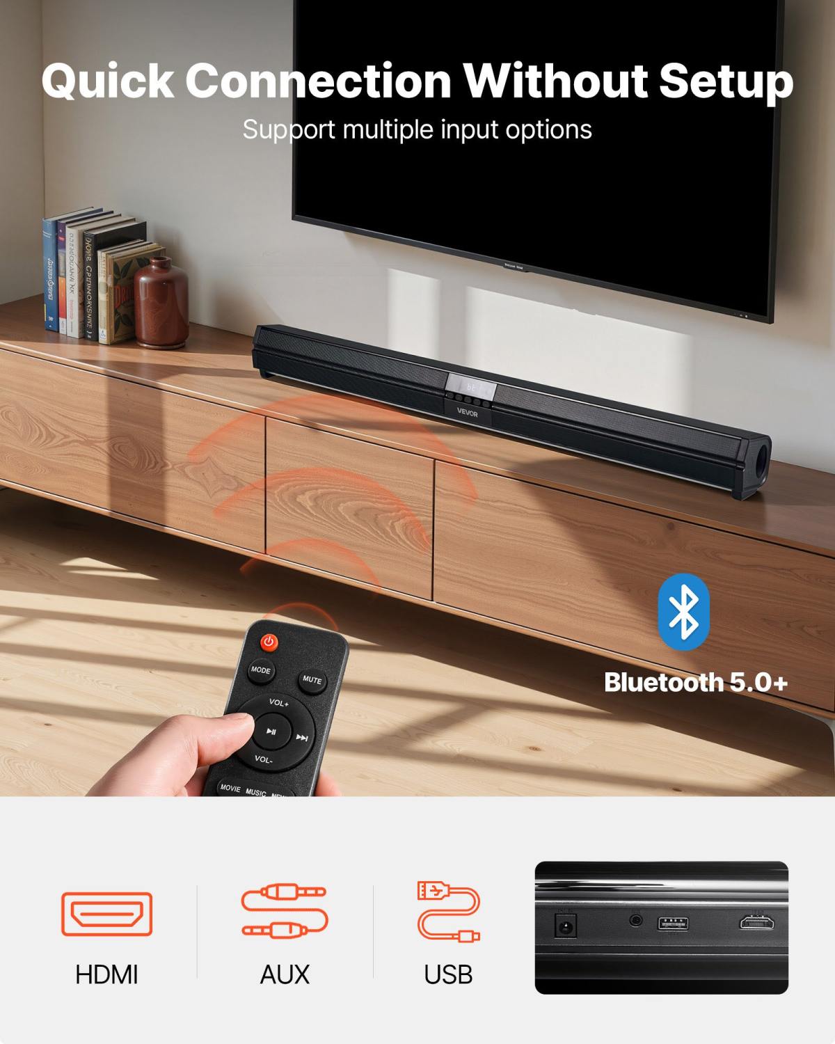 Sound Bar For Smart TV, 2.0 Channel, 32-Inch Compact Soundbar TV Speakers For Projector, Bluetooth AUX Connection, Remote Control, Easy Setup, 80W Surround Sound System For PC Home Theater Audio