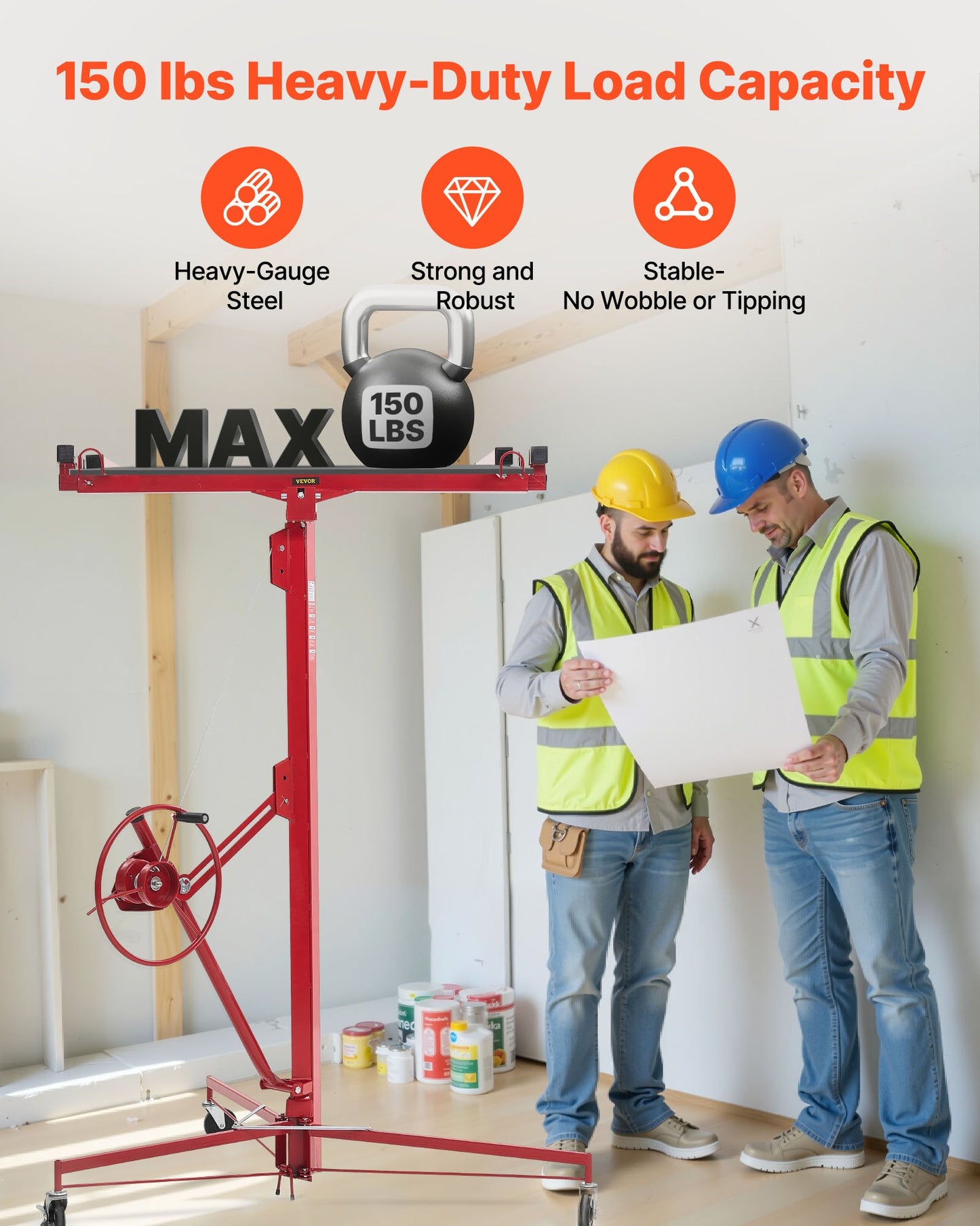 16ft Drywall Lift, Heavy-Duty 150 Lbs Sheetrock Hoist With Adjustable Telescoping Arm, Lockable Wheels, Drywall Lifter Panel Jack Hoist Tools Ideal For Ceiling & Wall Installation (Red)