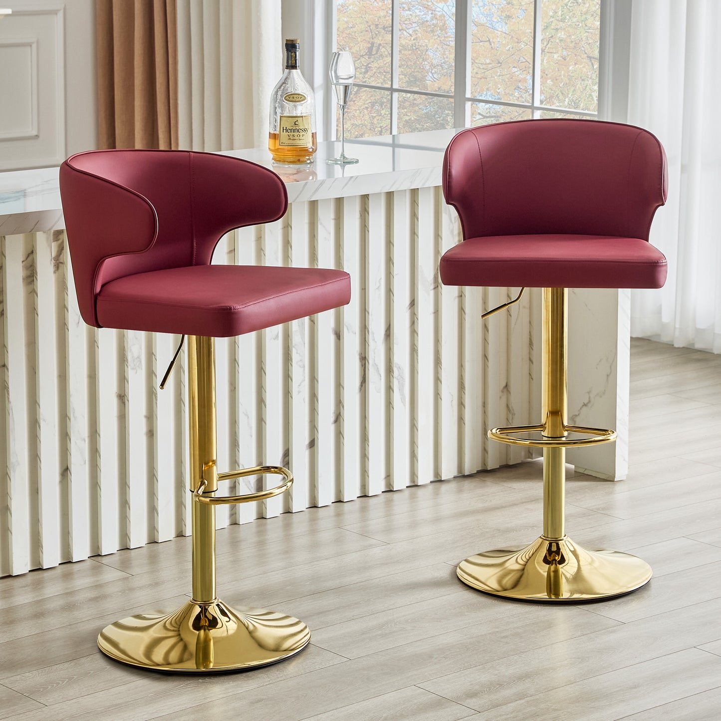 Modern Rotating Adjustable Bar Chair, PU Leather Belt Backrest Swivel Chair, Suitable For Kitchen Bar Counter And Dining Room, Adjustable Height, Capable Of Bearing 300 Pounds  Red -2 Pieces
