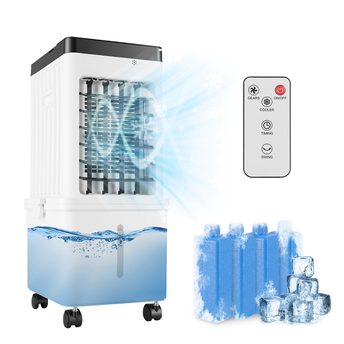 Portable Air Cooler Fan 12L Evaporative Air Conditioner With 3-Speed Dual Water Tank Touch & Remote Control 4 Wheels 4 Ice Packs Oscillation 15H Timer Visible Window For Bedroom Office Home