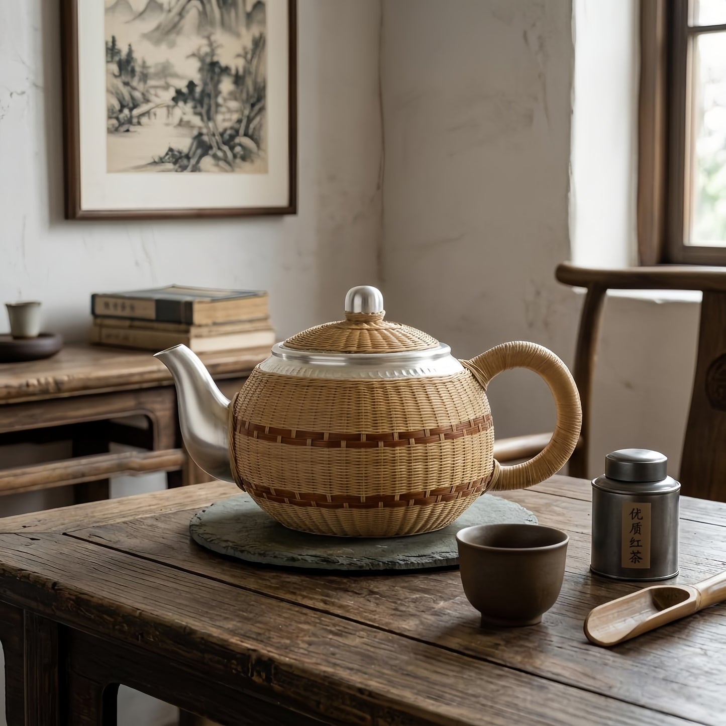 925 Sterling Silver Handcrafted Silver and Woven Rattan Teapot for Elegant Tea Service - Handicraft