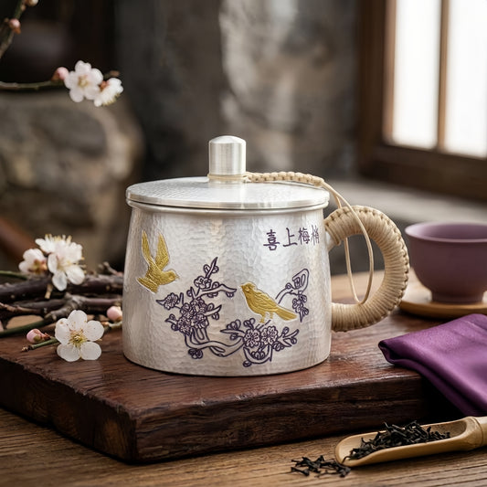 925 Sterling Silver Handcrafted Hammered Silver-Toned Tea Mug with Bird and Plum Blossom Engravings - Handicraft