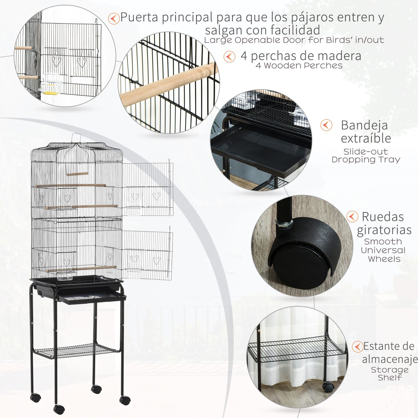 PawHut Bird Cage Budgie Cages For Finch Canary Parakeet With Stand Wheels Slide-out Tray Accessories Storage Shelf, Black 46.5 X 36 X 157 Cm