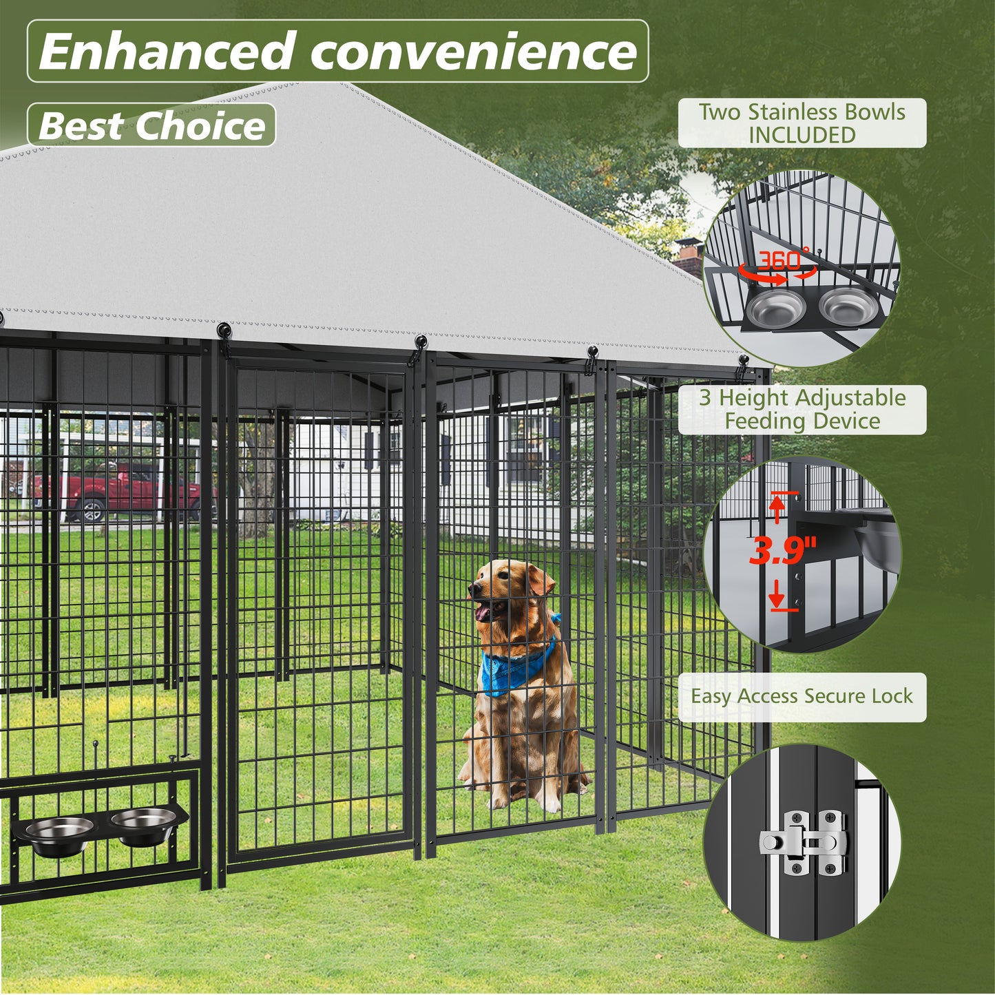 Large Dog Kennel Outdoor Pet Pens Dogs Run Enclosure Animal Hutch Metal Coop Fence With Roof Cover. 9.61'L X 9.45'W X 6.77'H.
