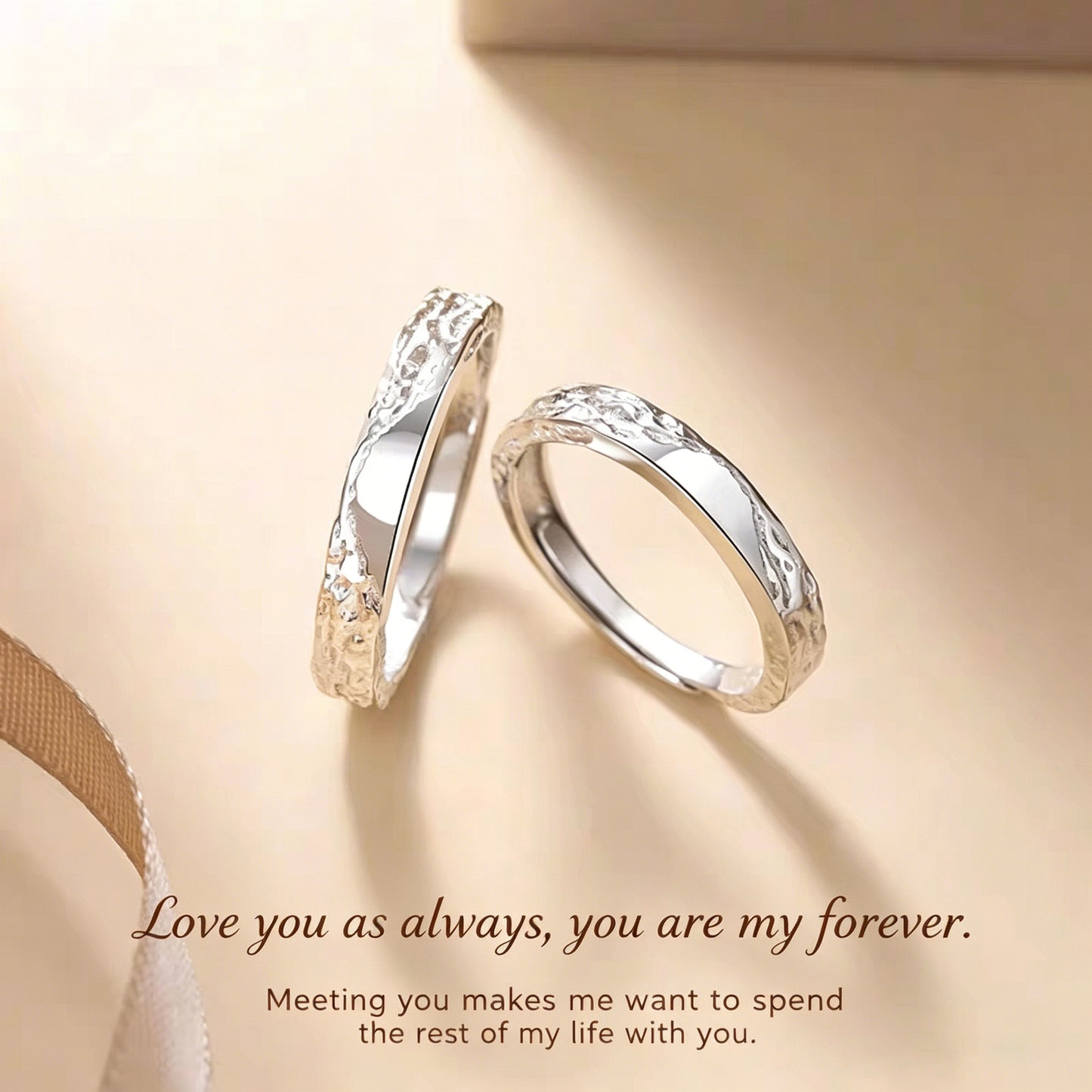 1 Pair 999 Sterling Silver Glacier Hammered Couple Rings, Adjustable Promise Rings, Ideal Valentine's Day Gift For Lovers