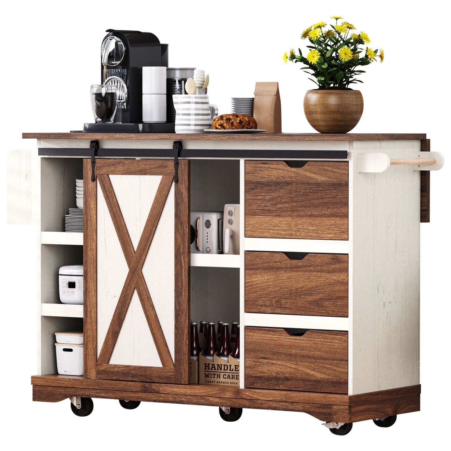 K&K 55.5  Farmhouse Kitchen Island With Drop Leaf, Kitchen Storage Island With Barn Door, Power Outlet, Rolling Kitchen Cart On Wheels With Spice Rack, For Home, Kitchen, Dining Room, White