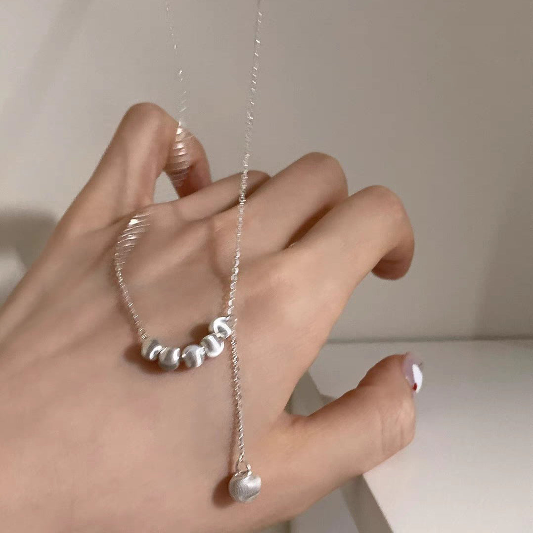 1pc 999 Sterling Silver Brushed Bead Adjustable Tassel Necklace, Minimalist Luxurious Style, Perfect For Daily Wear & Valentine's Gifts