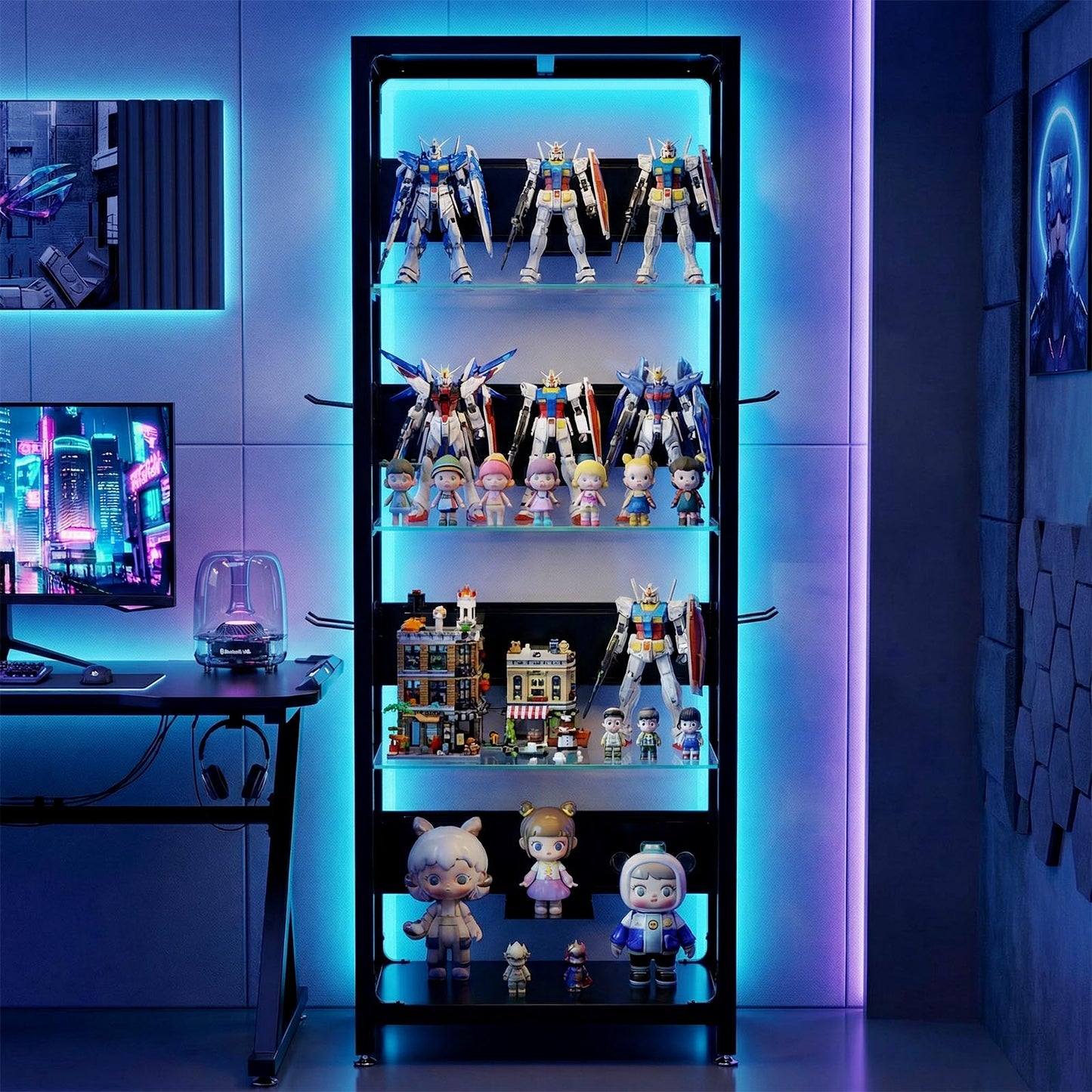 4-Tier Glass Display Shelf With RGB Lights, LED Lighted Curio Cabinet With Adjustable Storage Box & Hooks, Metal Frame Standing Shelf For Collectibles, Plants, Books, Living Room, Bedroom, Office