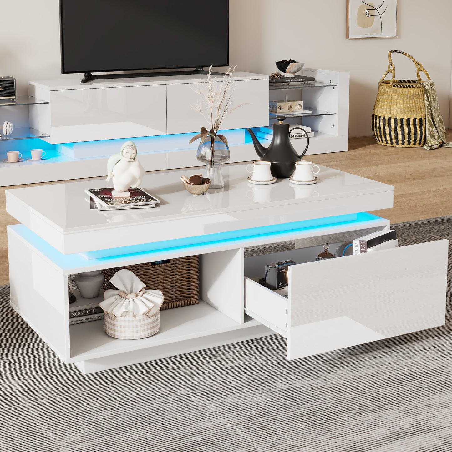 Modern High-gloss Coffee Table With LED Lighting, 100x50x40.3 Cm - Elegant Table With Drawer And 50 Kg Load Capacity