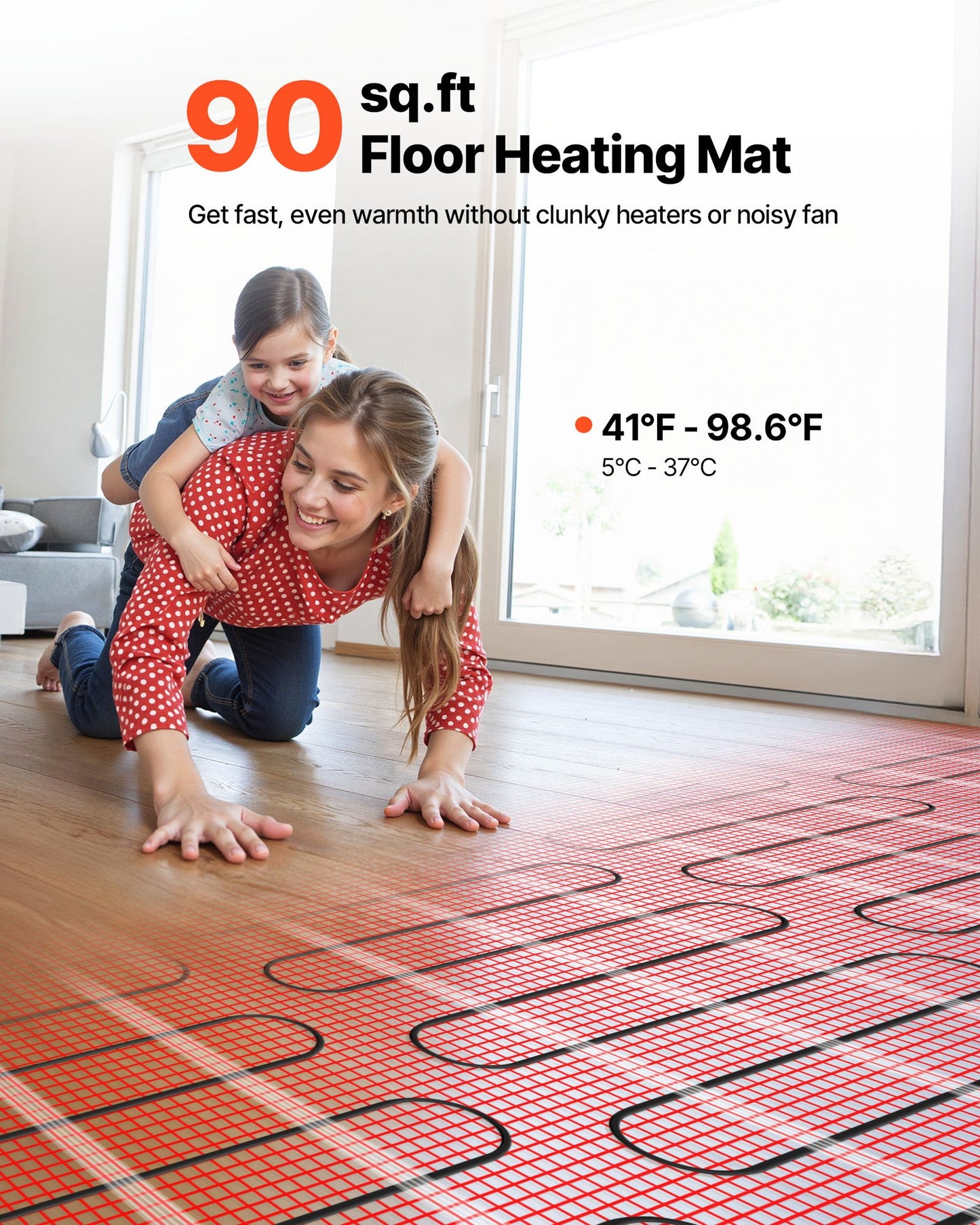 90 Sqft Self-Adhesive Mesh Floor Heating Mat System, 120V Electric Radiant Heated Floor System, With Smart Control Thermostat & Alarm, Easy Installation For Tile, Stone, Vinyl