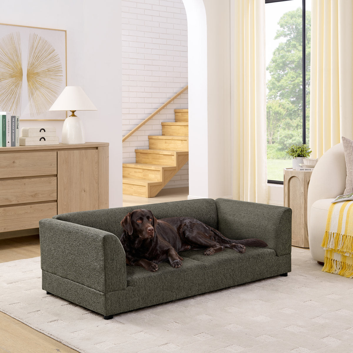 Comfortable Oversized Pet Sofa For Medium Large Dogs - Modern Rectangular Design With Backrest, Armrests & Soft Cushion -Dark Gray 56.x26x17