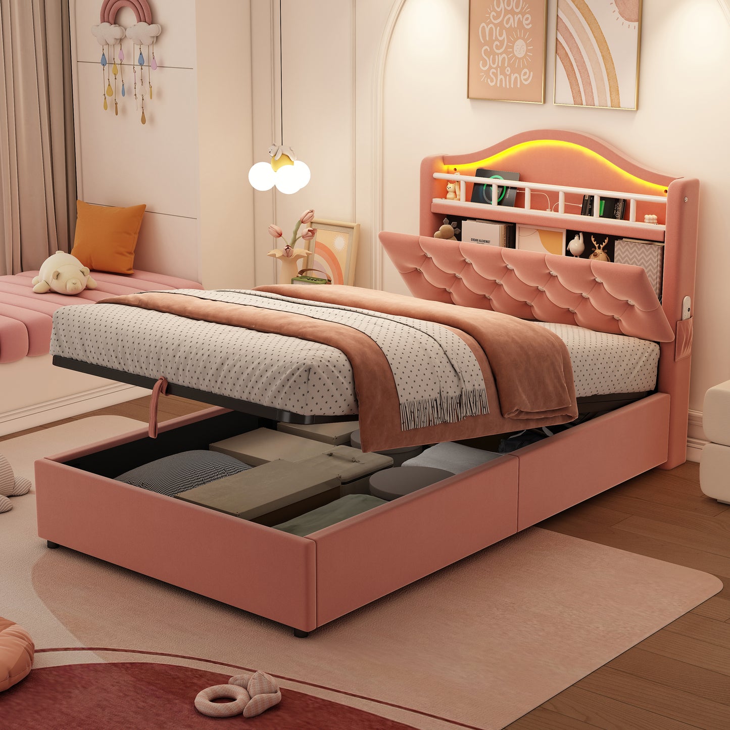 3ft Single Hydraulic Bed In Velvet, LED Bed Frame With Charging Station & Diamond Tufted Headboard, Multi-zone Storage, Solid & Stable Base,   No Mattress