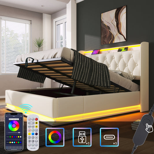 Upholstered Bed Double Bed, 360 Surround LED Function, Push Button App Remote Control, 140x190 Cm, White PU Material Hydraulic Camp Bed, Padded Headboard With USB Type-C Charging Function Without Mat