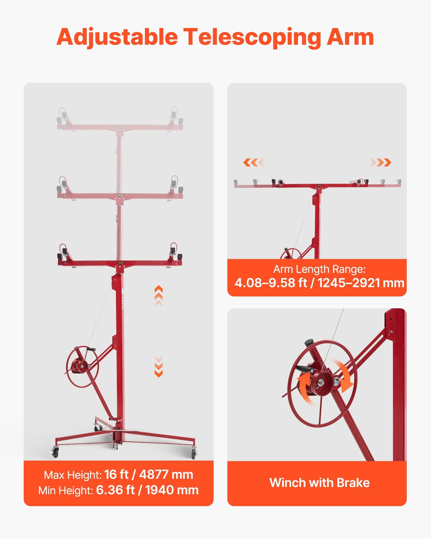 16ft Drywall Lift, Heavy-Duty 150 Lbs Sheetrock Hoist With Adjustable Telescoping Arm, Lockable Wheels, Drywall Lifter Panel Jack Hoist Tools Ideal For Ceiling & Wall Installation (Red)