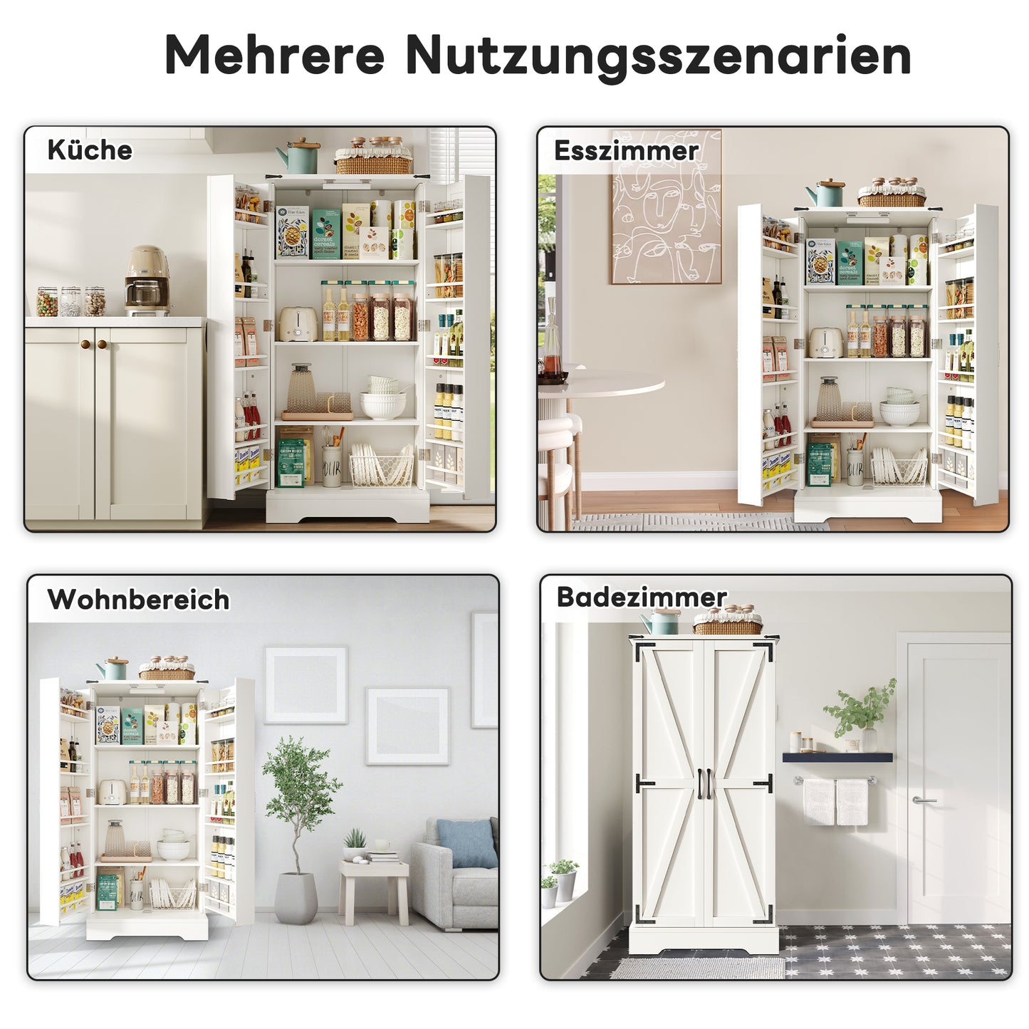 128.5cm Kitchen Cabinet, Farmhouse Storage Cabinet - LED Pantry Cabinet With 2 Hinged Doors And Adjustable Shelves For Small Spaces In The Dining Room Or Living Room, White Gravure Structure