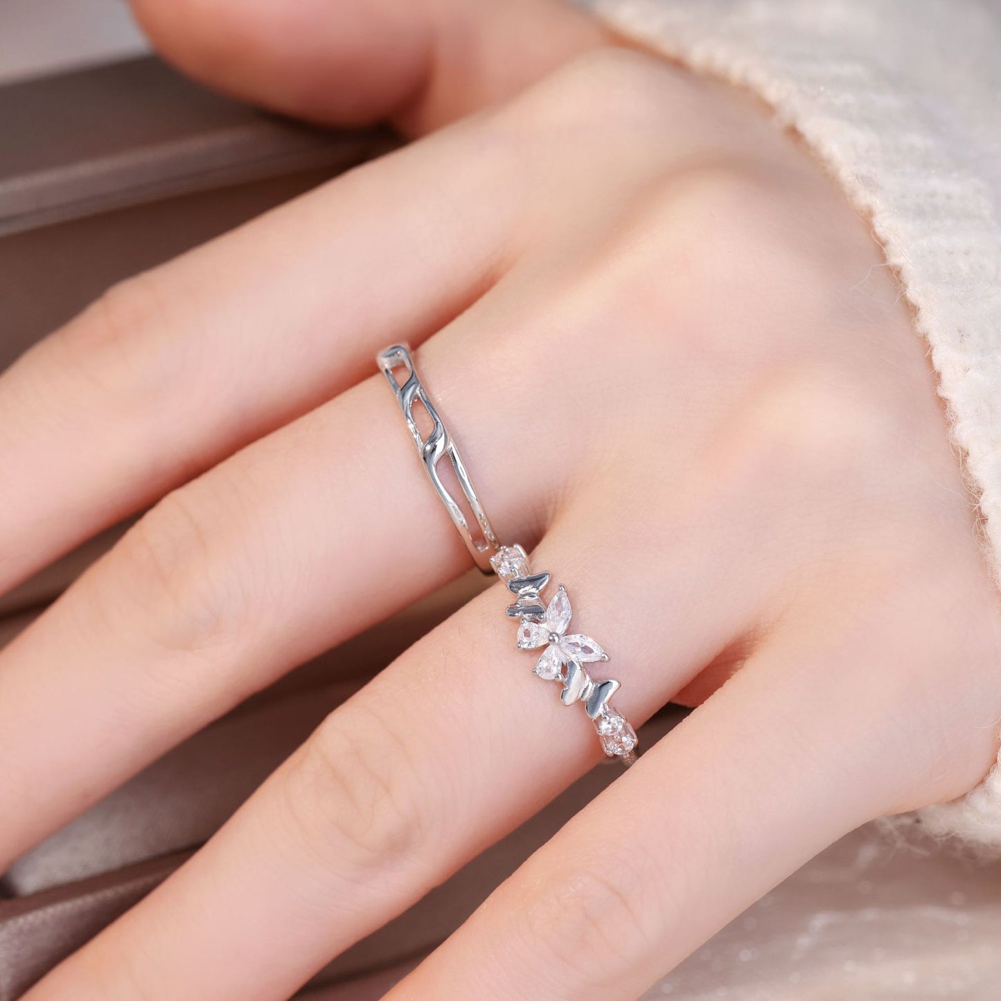999 Fine Silver Korean Style Butterfly Couple Ring, Exquisite Niche Matching Ring