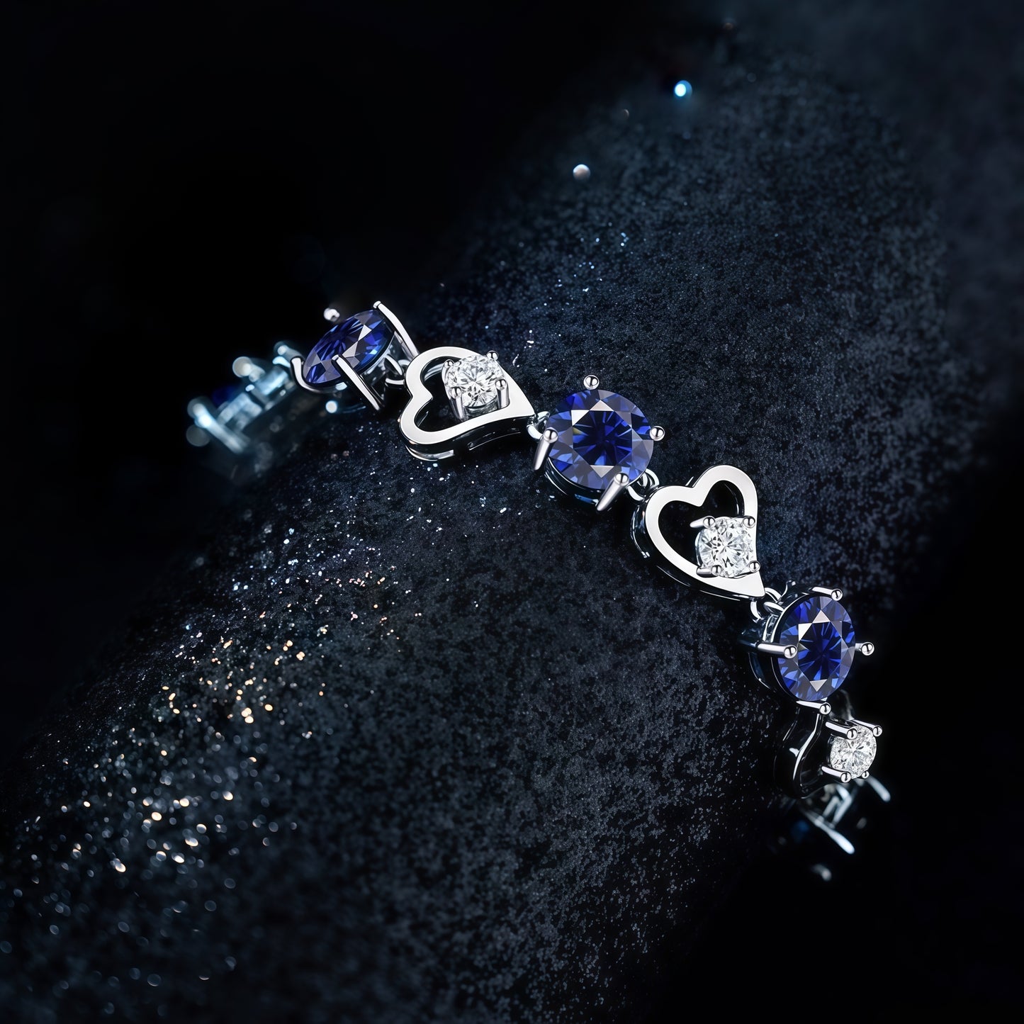 Heart Link Round Blue CZ Tennis Bracelet For Women, Copper Plated Silver With Adjustable Extension Chain Sapphire Color Cubic Zirconia Romantic Wedding Jewelry Gift