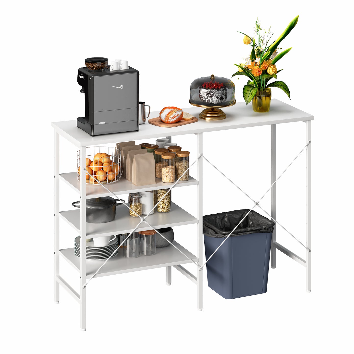 Multifunctional Side Table, Freely Combinable Organizer Table With White Metal Frame & White Top, Flexibly Mountable For Kitchen, Living Room, Basement & Garage, 120x40x85.5cm