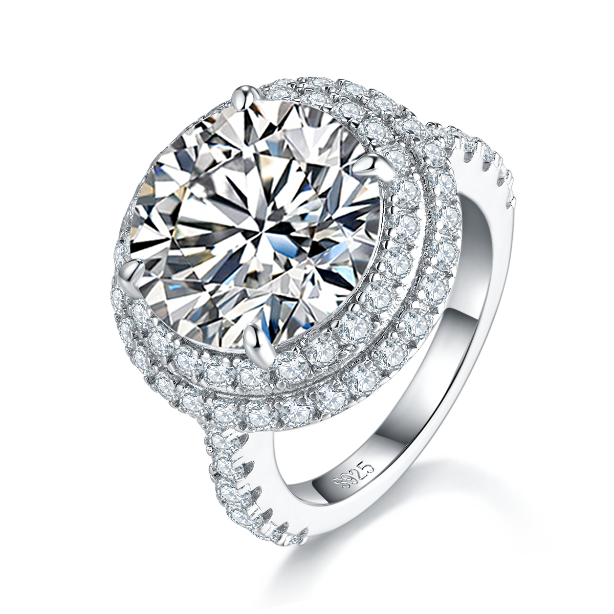 S925 Sterling Silver 8ct Moissanite Ring, 13mm D-VVS1 Double Halo Pave Band, Platinum Plated US Sizes 5-9 GRA Gift Box