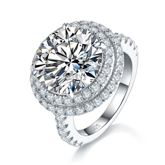 S925 Sterling Silver 8ct Moissanite Ring, 13mm D-VVS1 Double Halo Pave Band, Platinum Plated US Sizes 5-9 GRA Gift Box