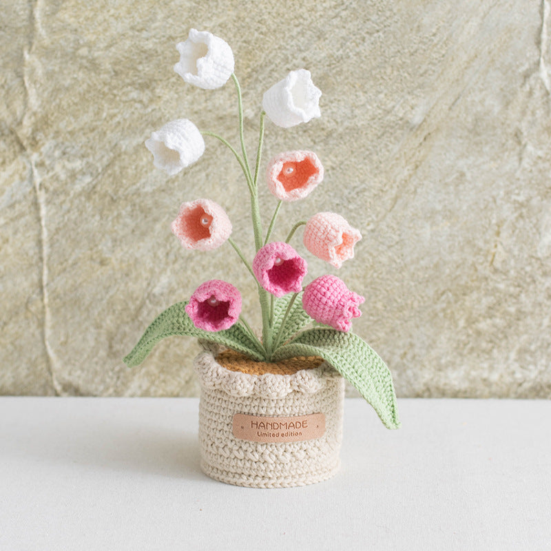 Hand Crocheted Lily Of The Valley Artificial Flowers  Potted Arrangement Decor For Indoor Table Living Room Bedroom