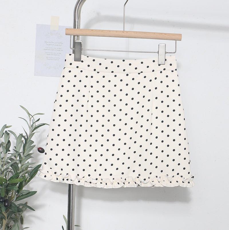 Korean-style Fringed Hem Polka-dot High-waist Anti-exposure A-line Sheath Skirt