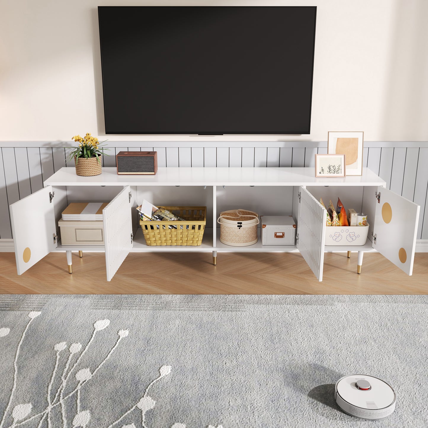 TV Cabinet, TV Stand With Lattice Structure, Hidden Handles, Gold Decor. Living Room Furniture. Two Solid Wood Doors
