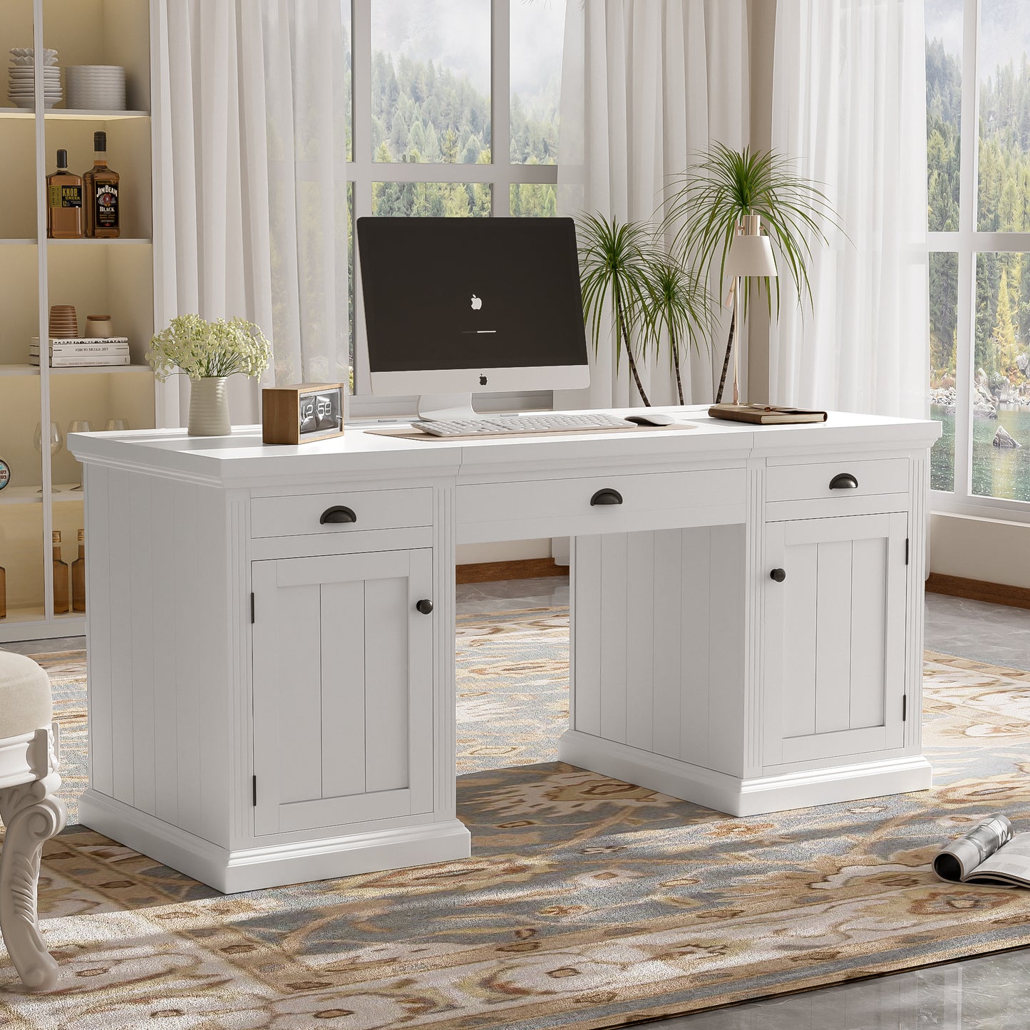 67 Modern Executive Desk,Computer Desk With 2 Wooden Doors Storage Cabinet And 3 Drawers, Rectangle Home Office Desk  ,Reading Desk,Writing Table,Workstation For Home Office,Living Room,Study,White