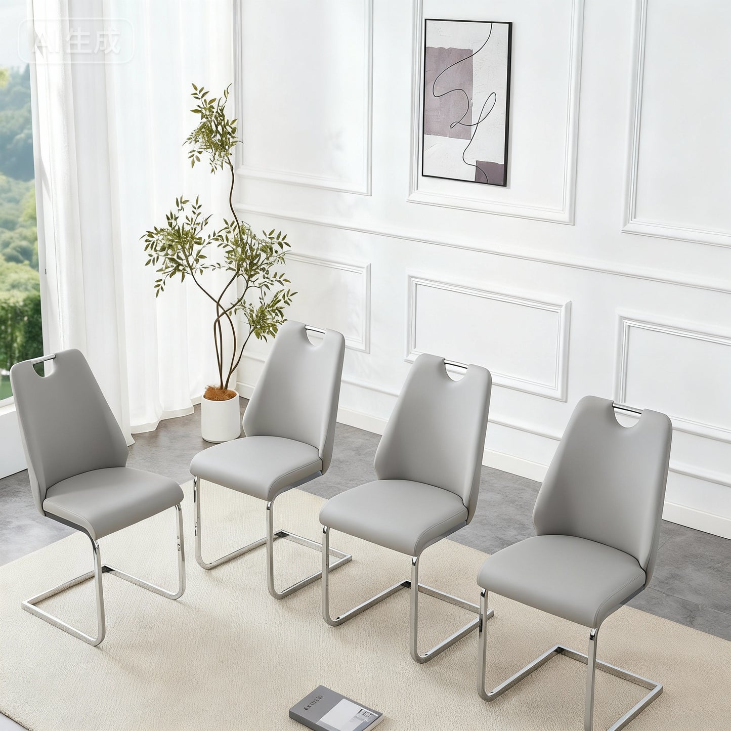 Dining Chairs Set Of 4, Light Gray Faux Leather Kitchen Chairs With Gold Mesh Texture, Silver Back Ring And Chrome Pull Handle, High Back Upholstered Dining Room Chair  Light Gray, Set Of 4