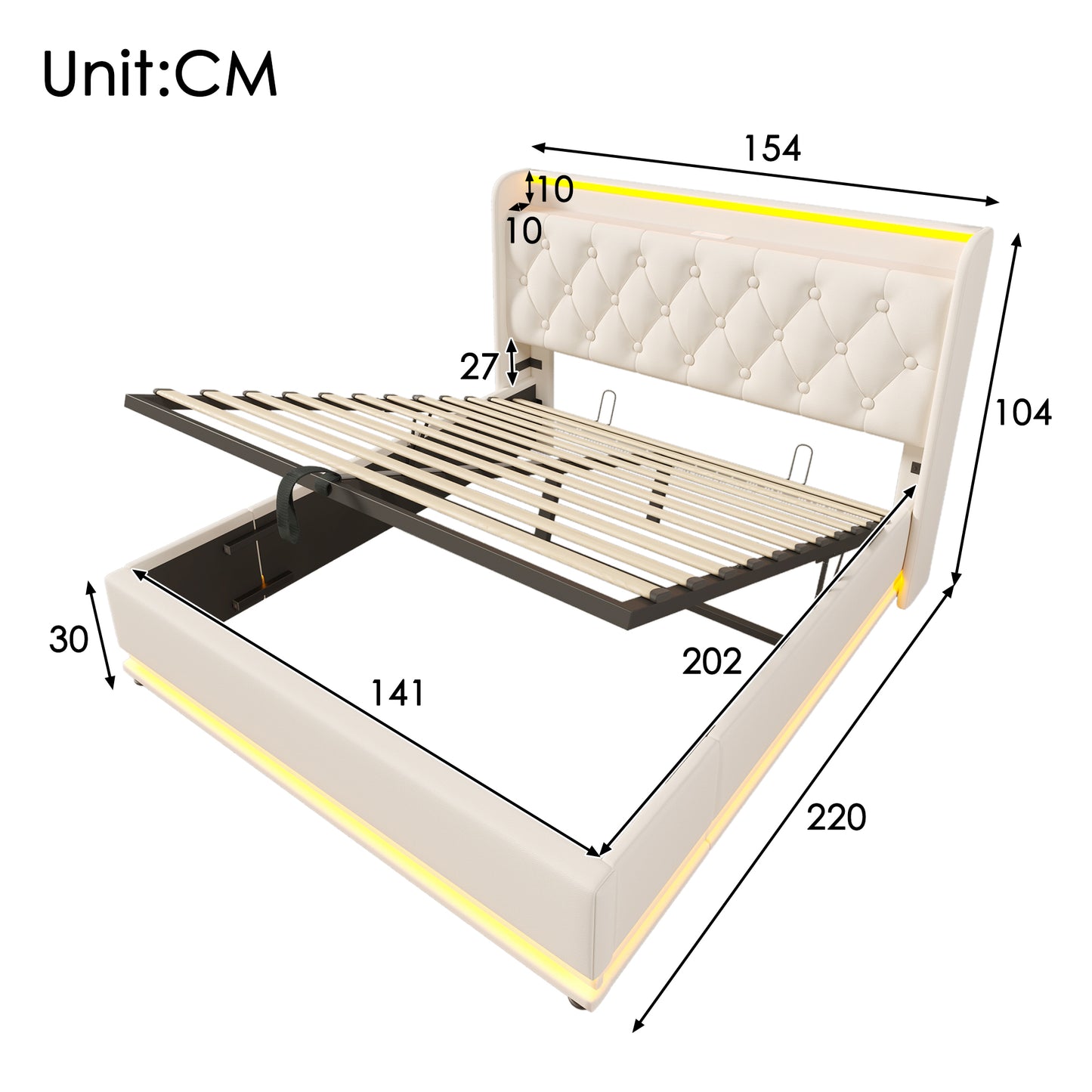 Upholstered Bed Double Bed, 360 Surround LED Function, Push Button App Remote Control, 140x200 Cm, White PU Material Hydraulic Camp Bed, Padded Headboard With USB Type-C Charging Function  Without Mat