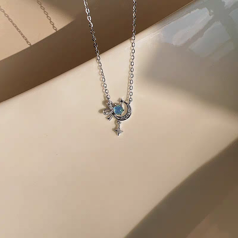1pc 999 Sterling Silver Diamond Moon Star Bow Pendant Necklace, Delicate Sweet Style, Perfect For Daily Wear & Valentine's Gifts
