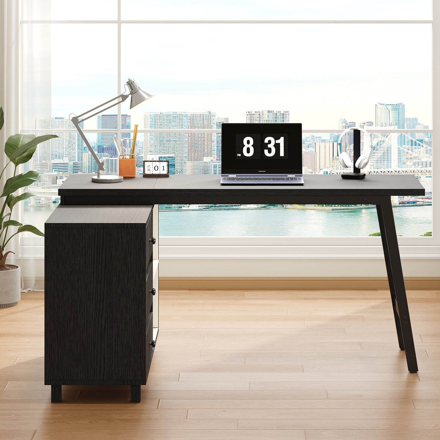 150 X 100 X 76 Cm L-shaped Desk With Three Drawers, Two Open Storage Compartments, Tubular Steel Legs, Spacious Table Top, Black And White.