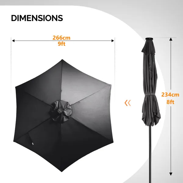 9ft Solar LED Patio Umbrella With Push Button Tilt & Crank, 6 Ribs Waterproof Polyester Outdoor Market Table Umbrella For Garden Backyard Pool, Gray