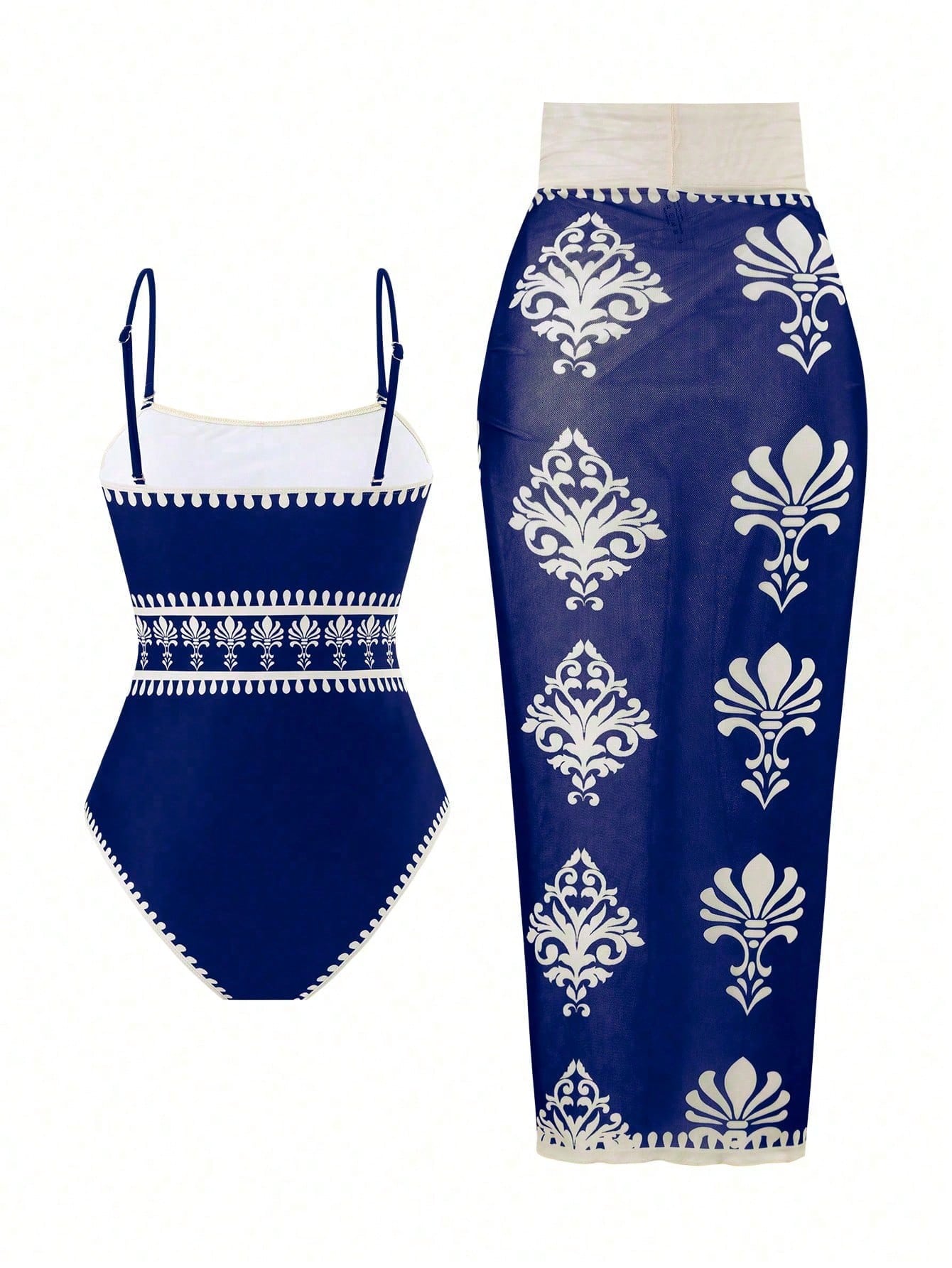 2026 New 2-Piece Swimsuit Set, Blue Floral Print One-Piece + Wrap Skirt Cover-Up