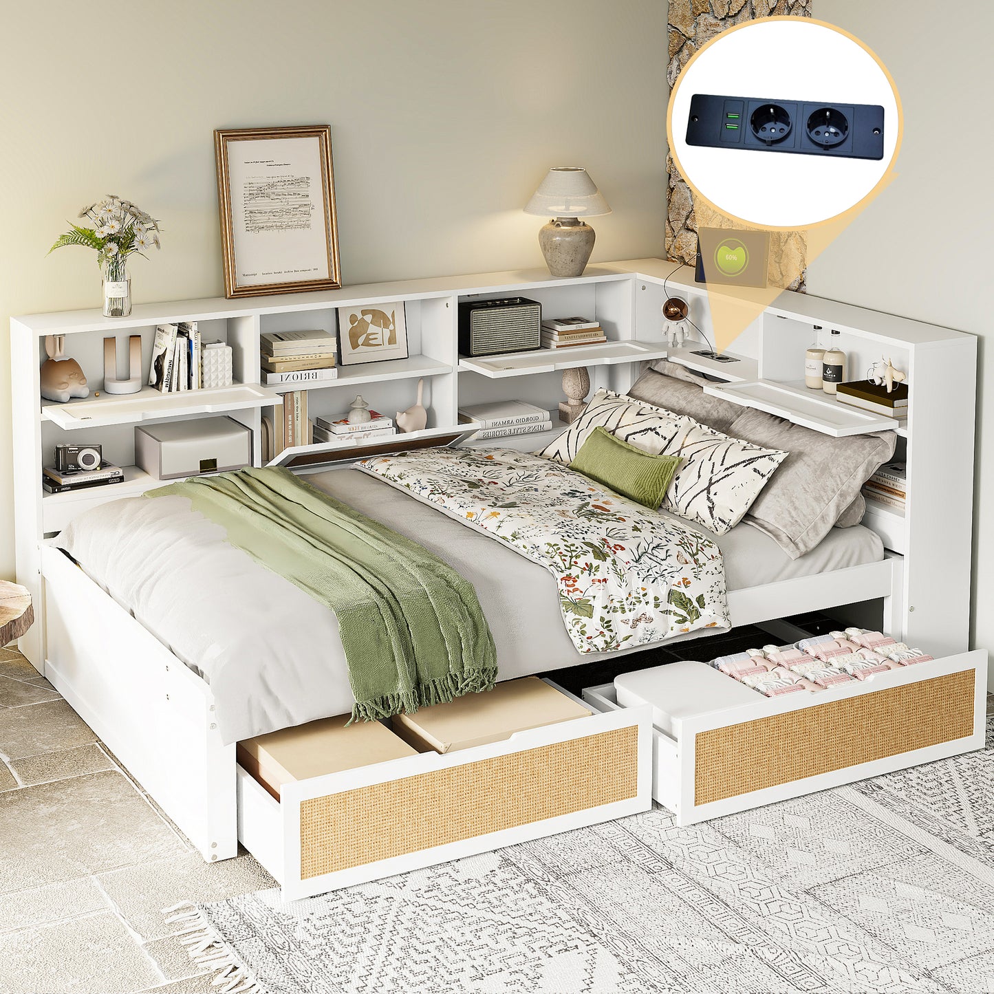 Solid Wood Sofa Bed 140x200 With Drawer Multifunctional Single Bed Cot With Many Storage Compartments And Charging Port White