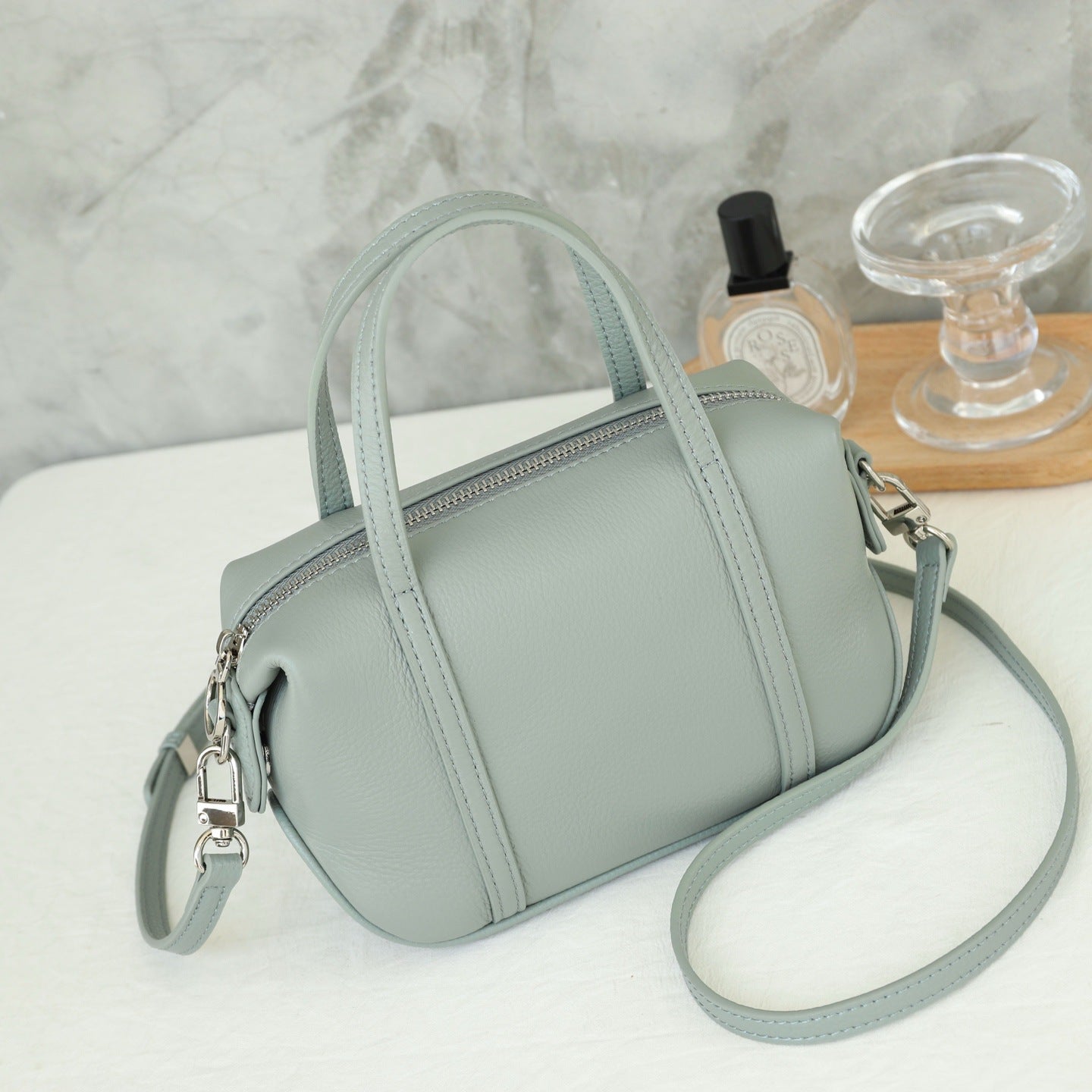 Top-grain Leather Textured Small Square Bag For Women, New Korean-style Trendy Shoulder Boston Bag With Crossbody And Hand-carry Options