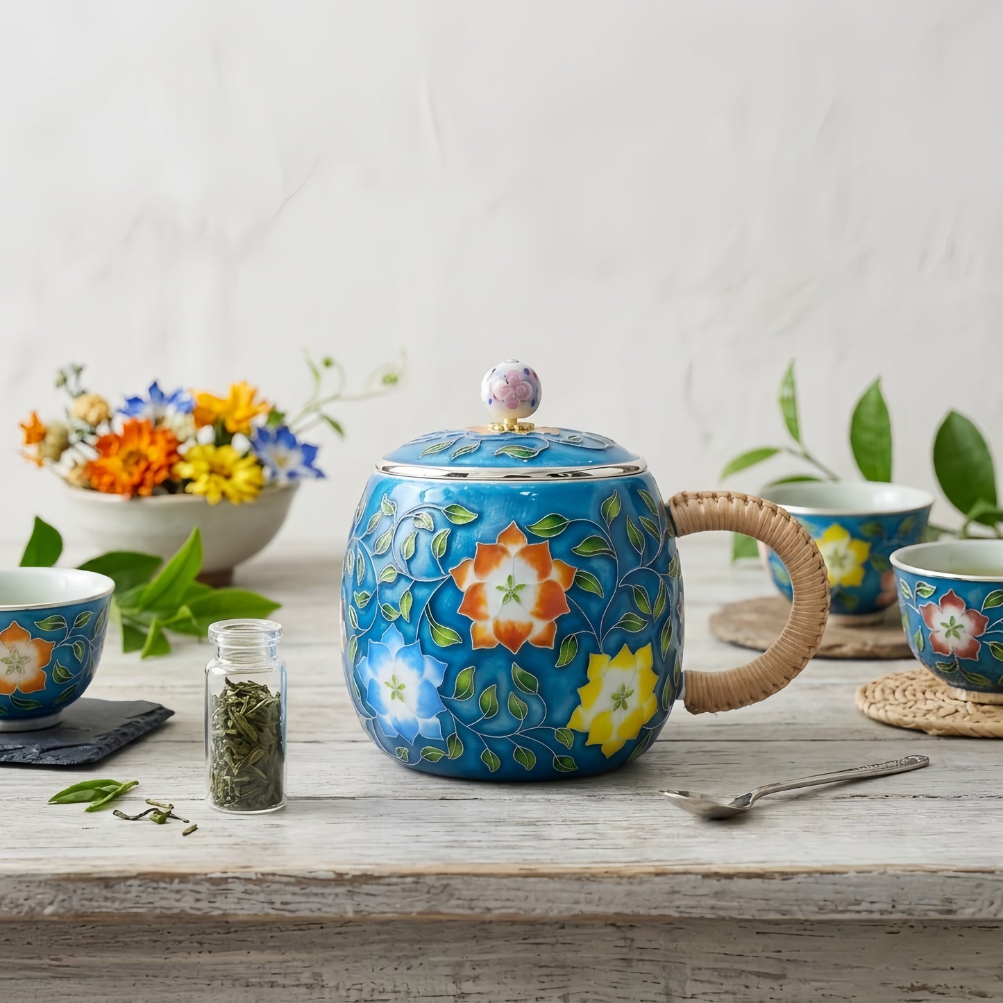 Pure 999 Fine Silver Handcrafted Enamel Teapot with Vibrant Floral Motif and Woven Bamboo Handle-Premium Indigo Tea Mug - Handicraft