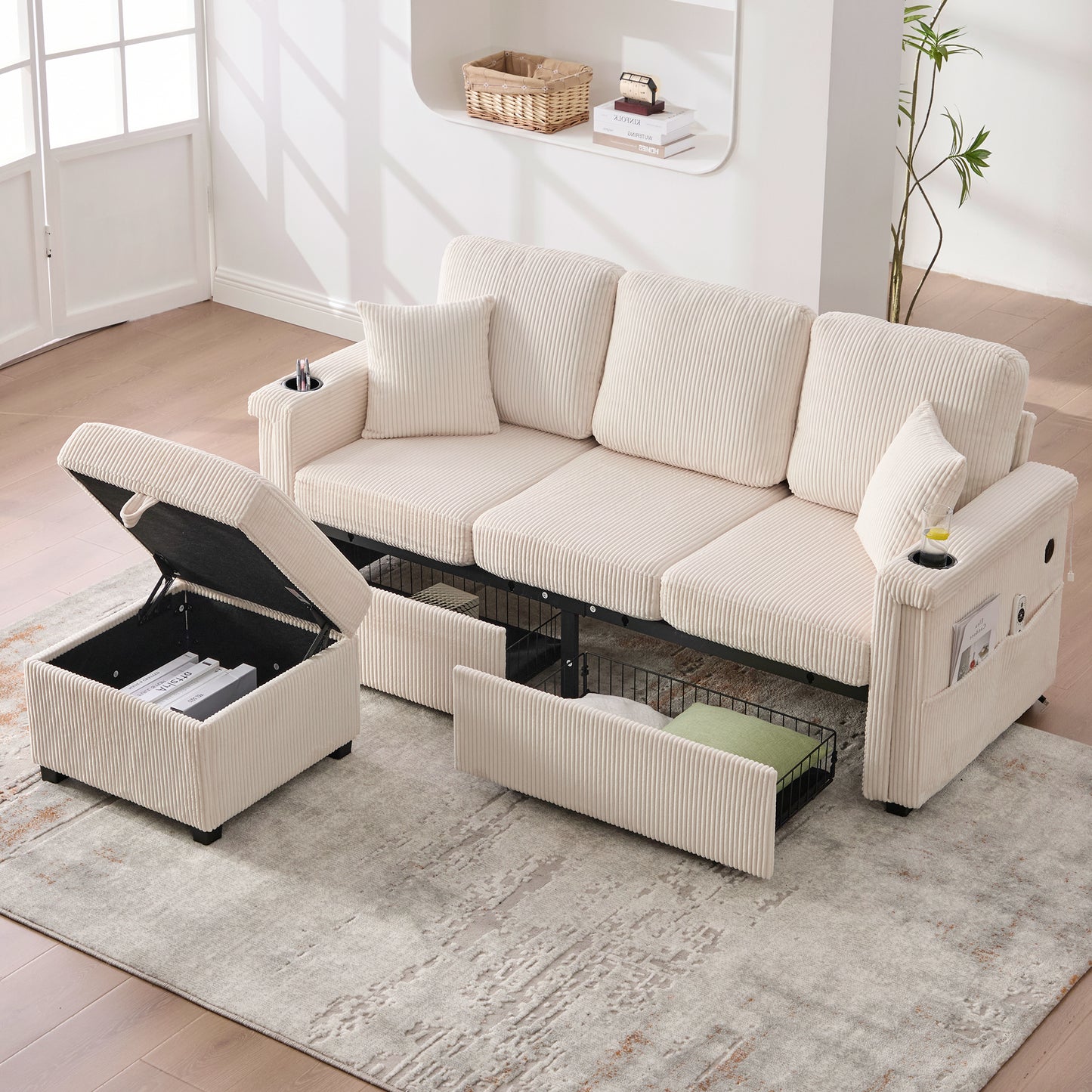 High-quality Velvet Sofa With LED Lighting & USB-C Port, Including Storage Footboard, Practical Cup Holders And Side Pockets  Premium Quality For The Living Room, Bedroom Or Office.