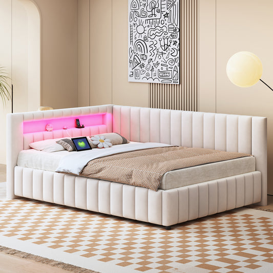Upholstered Bed Sofa Bed 140x200, Upholstered In Velvet Fabric With LED Light And USB Charging Port, With Backrest, Headboard And Sturdy Bed Frame Beige
