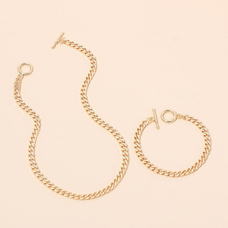 Ins Europe And America Cross Border Accessories Hip Hop Twin Cuban Link Chain Necklace, Bracelet Set Female Fashion Metal Chain Clavicle Chain