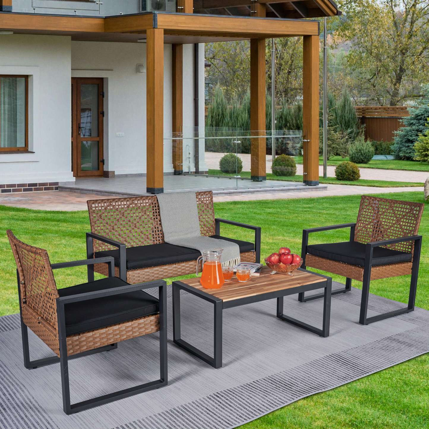 4-Piece Patio Furniture Set Outdoor Balcony Porch Garden Backyard Lawn Furniture Acacia Wood Table Top, Morden Black And Light Brown