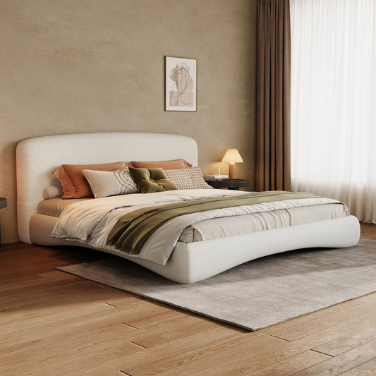 Curved Upholstered Bed With Smart Ambient Lighting,Cream,King