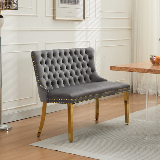 Velvet Double Dining Loveseat Bench, Kitchen & Dining Seating, 2-Seat Tufted Bench W Handmade Buttons, Wing Back, Gold-Plated Steel Legs, Mid Century Modern,Single Pack,Gray,SW1602GY