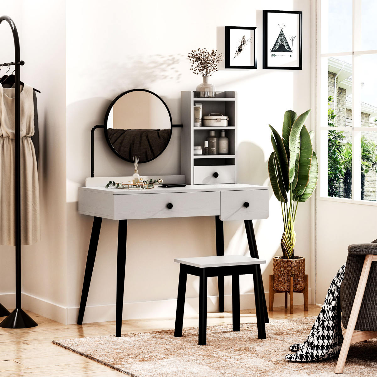 Dressing Table Set With Mirror And Stool, Vanity Makeup Table With 3 Drawers And Open Shelves For Bedroom, Living Room, Grey