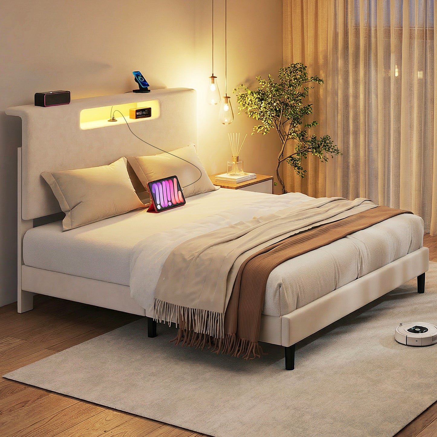 Full Size Upholstered Bed Frame With High Headboard Adjustable LED Lights Charging Port Wood Slat Support Platform Bed Frame With Storage Function No Box Spring Needed Easy Assembly